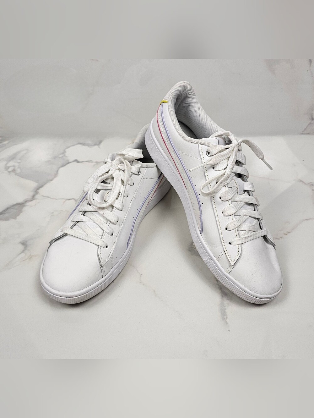 Puma Women’s White Leather Sneakers w/ Pastel Rainbow Trim – Size 8.5 US